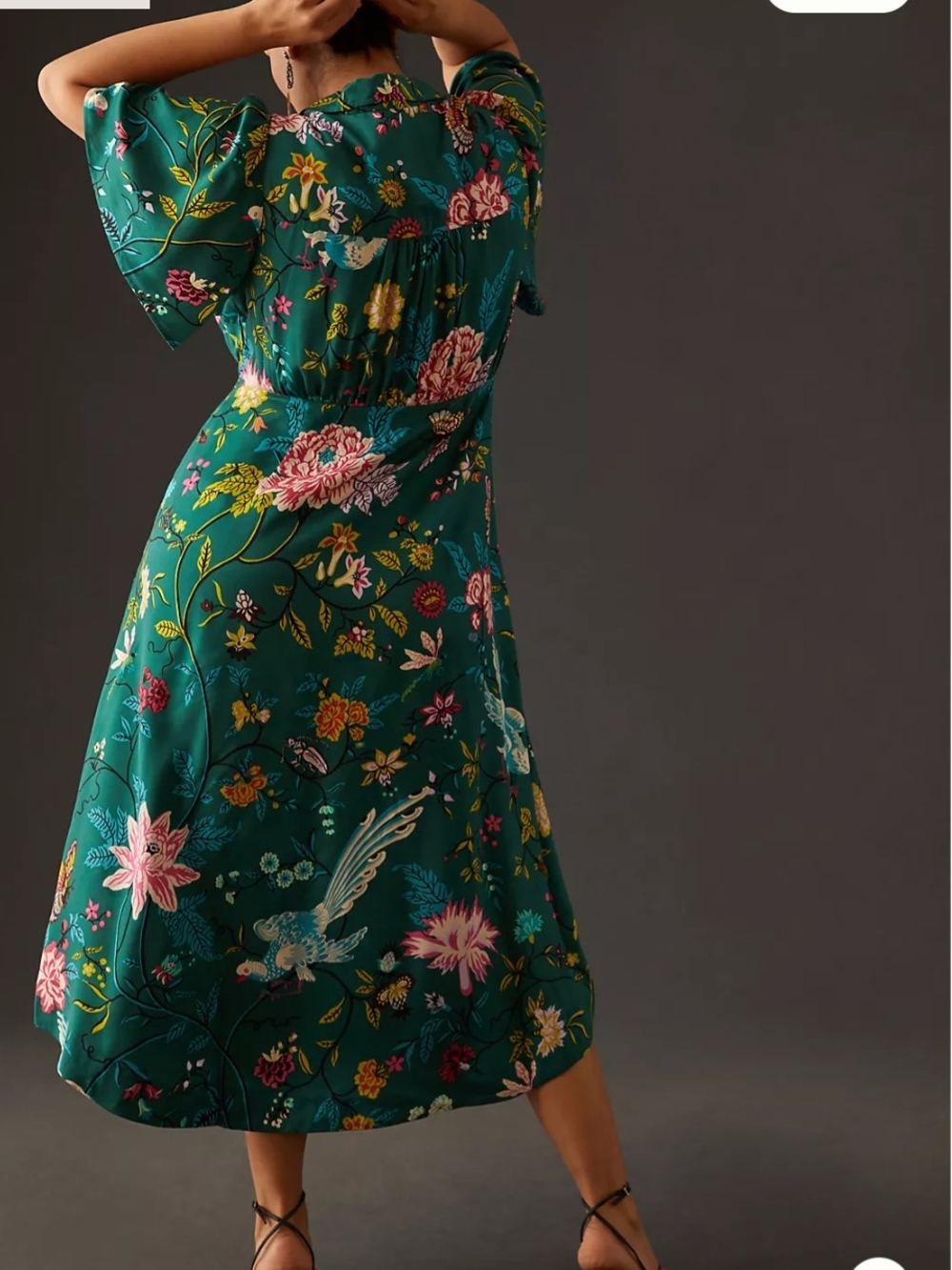Maeve Anthropologie Button Front Shirt Dress 14 Green Floral Bird V-neck Slit - Picture 10 of 15